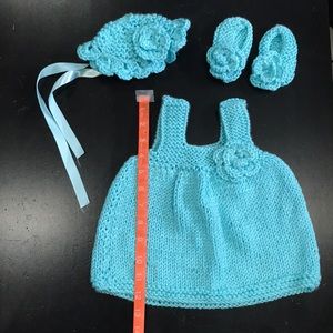 Blue crochet baby girl dress with hat and shoes